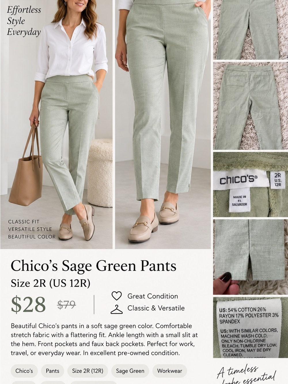 Chico’s Sage Green Ankle Pants Size 2R / US 12R Stretch Slim Straight
